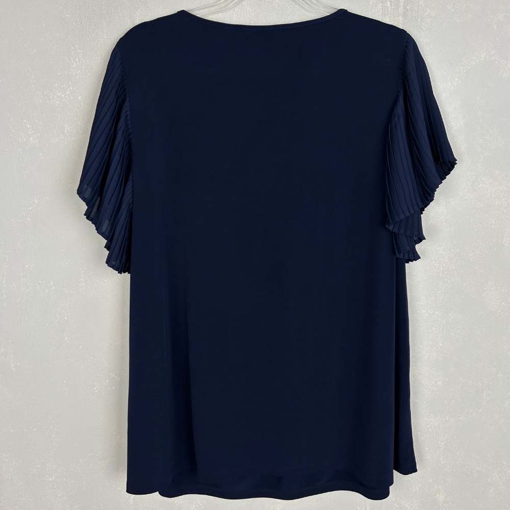 Susan Graver plus size 1X top pleated smocked flutter sleeve navy liquid knit - Picture 5 of 9